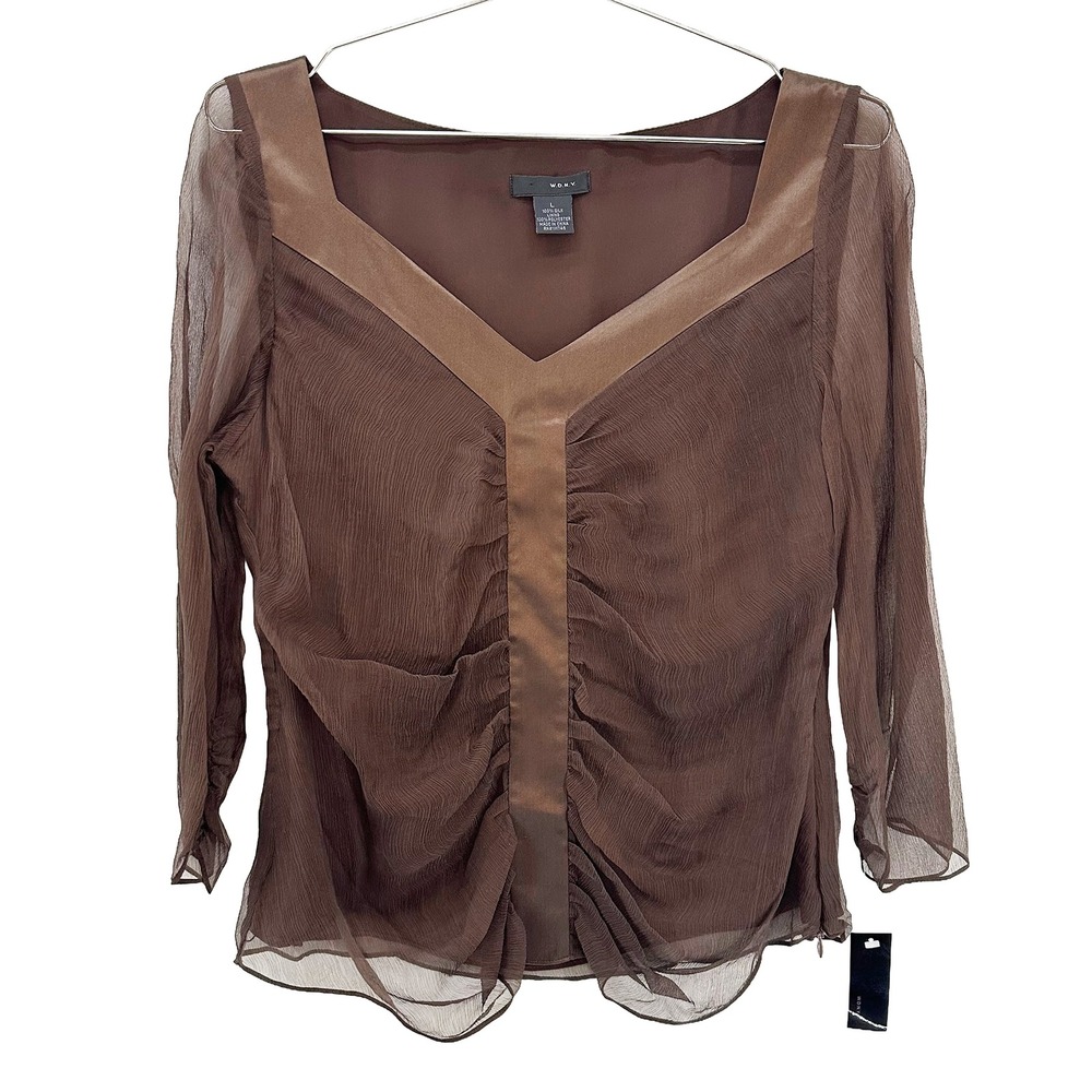 WDNY 100%‎ Silk Sheer & Satin Blouse NWT • Large • brown • Chic indie Y2k